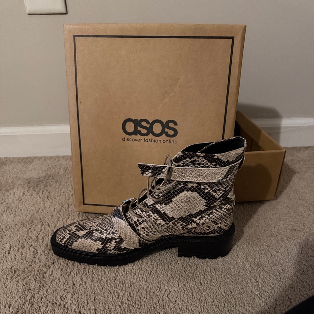 ASOS Lace Up Snake Print Boots - Black and Cream
